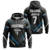 A product image of a customizable Falcons soccer hoodie, with a black and blue design, showing both the front and back views.