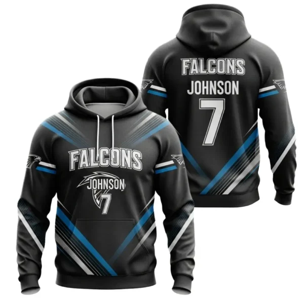 A product image of a customizable Falcons soccer hoodie, with a black and blue design, showing both the front and back views.