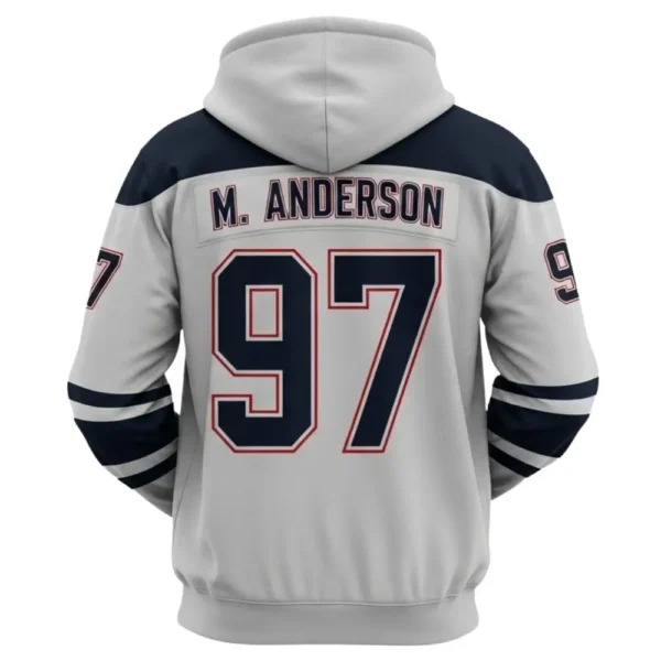 Back view of a white and navy blue custom hockey hoodie for the Northwood Glaciers, with "M. ANDERSON" and the number 97 on the back.
