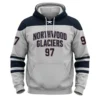 Front view of a white and navy blue custom hockey hoodie for the Northwood Glaciers, designed to look like a hockey jersey with lace-up neck and the number 97.
