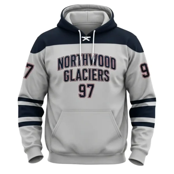 Front view of a white and navy blue custom hockey hoodie for the Northwood Glaciers, designed to look like a hockey jersey with lace-up neck and the number 97.