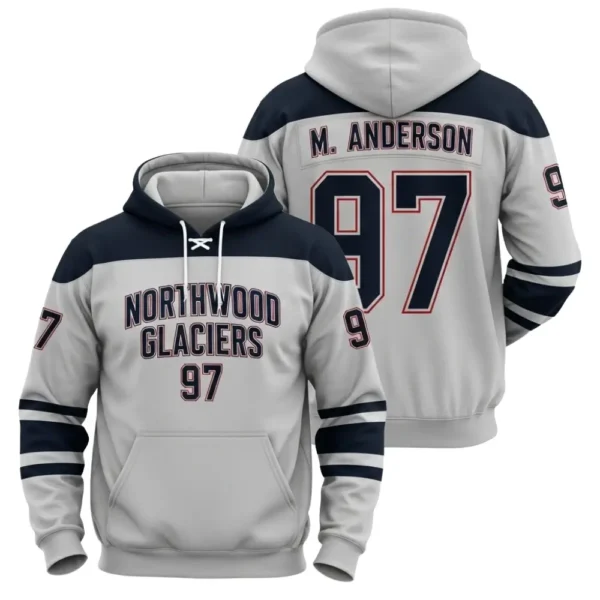 A product photo of a customizable Northwood Glaciers hockey hoodie, shown from the front and back, featuring a white and navy blue jersey-style design with the number 97.