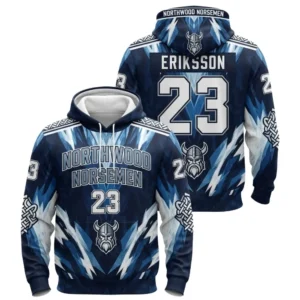 A custom ice hockey hoodie for the "Northwood Norsemen," featuring a bold dark blue and white design with a Viking logo, showcased from both the front and back.