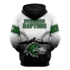 Back view of a custom baseball hoodie for the "Riverbend Raptors" with a baseball stitch design, mountains, and a large raptor head graphic.