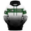 Front view of a custom baseball hoodie for the "Riverbend Raptors," featuring a white to black gradient, green stripes, and a raptor head logo.