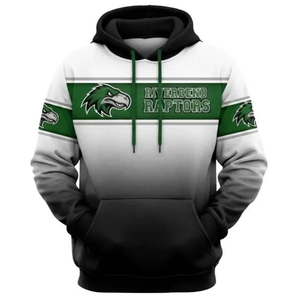 Front view of a custom baseball hoodie for the "Riverbend Raptors," featuring a white to black gradient, green stripes, and a raptor head logo.