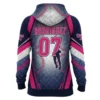 Back view of a Diamond Divas softball hoodie, featuring a diamond plate and baseball stitch design, with a player silhouette and the name "RODRIGUEZ" and a large number 07.