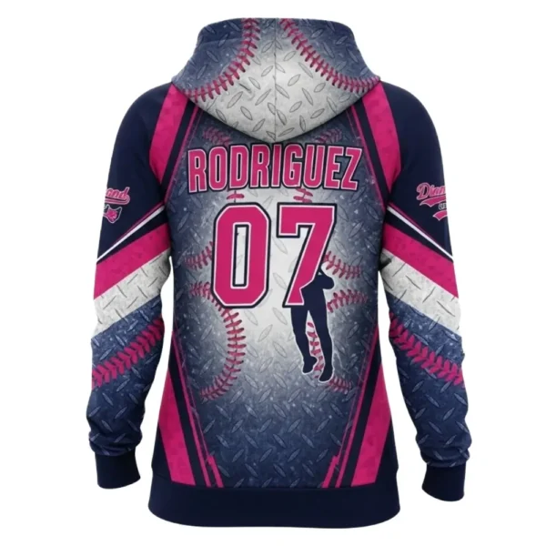 Back view of a Diamond Divas softball hoodie, featuring a diamond plate and baseball stitch design, with a player silhouette and the name "RODRIGUEZ" and a large number 07.