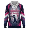 Front view of a navy, pink, and white softball hoodie for the "Diamond Divas," with a player silhouette, baseball stitch pattern, and the name "M. Rodriguez" and number 07.