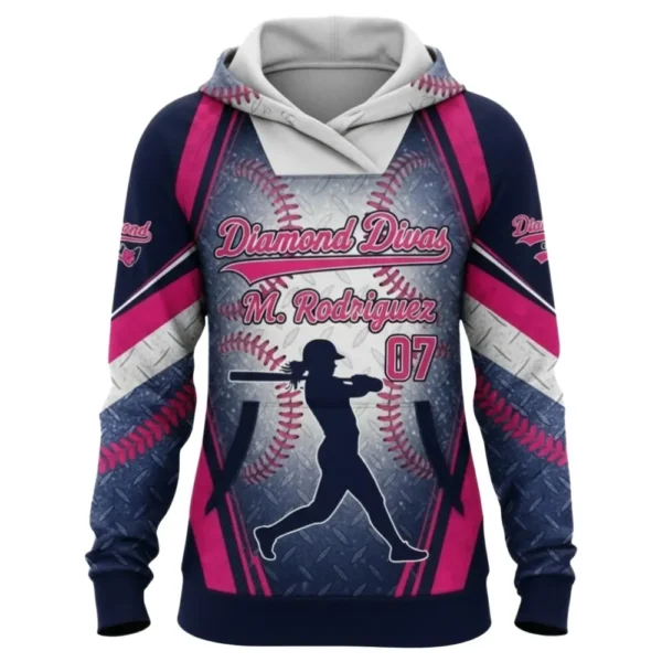 Front view of a navy, pink, and white softball hoodie for the "Diamond Divas," with a player silhouette, baseball stitch pattern, and the name "M. Rodriguez" and number 07.