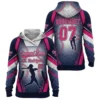A product image of a custom Diamond Divas softball hoodie, shown from both the front and back, featuring a bold navy and pink design with a player silhouette.