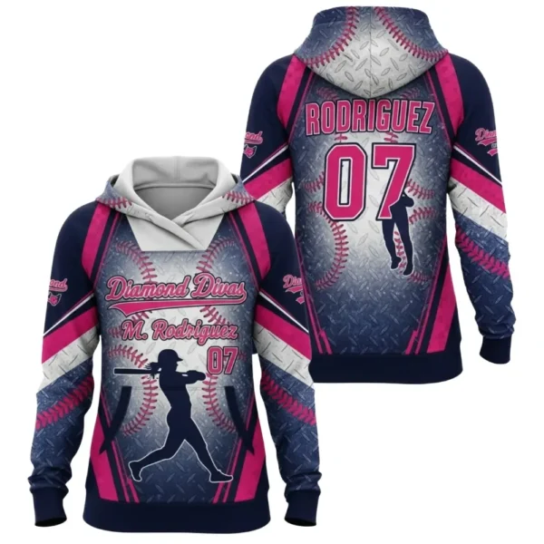 A product image of a custom Diamond Divas softball hoodie, shown from both the front and back, featuring a bold navy and pink design with a player silhouette.