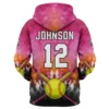 Back view of a Pink Flamingos softball hoodie, with a pink diamond pattern, the name "JOHNSON," and a large number 12.