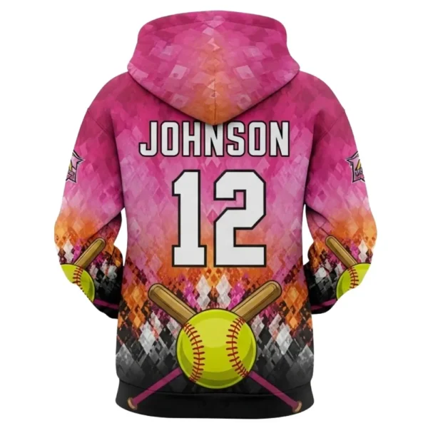 Back view of a Pink Flamingos softball hoodie, with a pink diamond pattern, the name "JOHNSON," and a large number 12.
