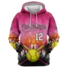 Front view of a vibrant softball hoodie for the "Pink Flamingos," featuring an orange and pink geometric pattern, baseball bats, and the number 12.