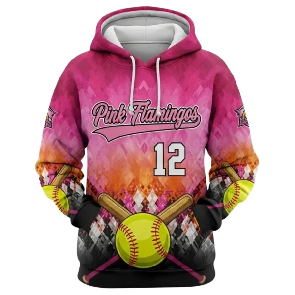 Front view of a vibrant softball hoodie for the "Pink Flamingos," featuring an orange and pink geometric pattern, baseball bats, and the number 12.