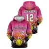 A product image of a bright, customizable Pink Flamingos softball hoodie, showcasing the front with bats and the back with the player's name and number.