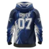 Back view of a Softball Stars hoodie, featuring a large number 07 and the name "SMITH" on a blue and white lightning bolt graphic.