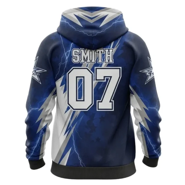 Back view of a Softball Stars hoodie, featuring a large number 07 and the name "SMITH" on a blue and white lightning bolt graphic.