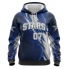 Front view of a customizable softball hoodie for the Stars, with a navy and white lightning bolt design and the number 07.