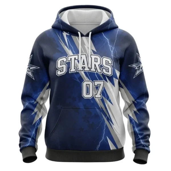 Front view of a customizable softball hoodie for the Stars, with a navy and white lightning bolt design and the number 07.