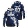 A product image of a custom-designed Softball Stars hoodie, with a lightning bolt pattern, shown from both the front and back.