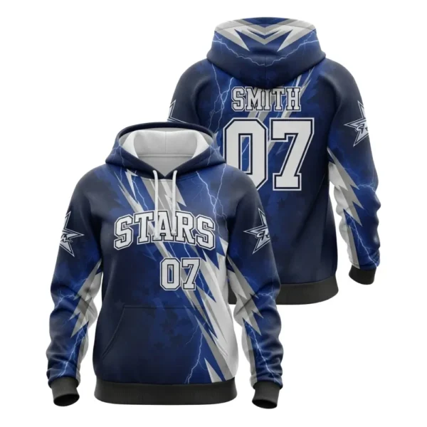 A product image of a custom-designed Softball Stars hoodie, with a lightning bolt pattern, shown from both the front and back.
