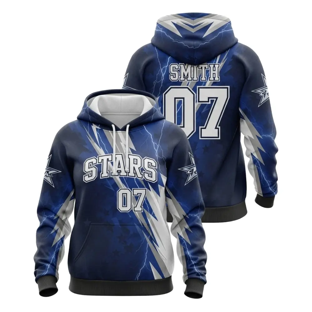 A product image of a custom-designed Softball Stars hoodie, with a lightning bolt pattern, shown from both the front and back.