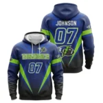 A product image of a Thunderbolts flag football hoodie, with a vibrant blue and green design, displayed from both the front and back.