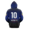 Back view of a custom "Victory FC" soccer hoodie, featuring the team logo, a blue camouflage pattern, and the large number 10.