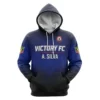 Front view of a blue and black custom soccer hoodie for the "Victory FC" team, with the name "A. SILVA" and the team logo.