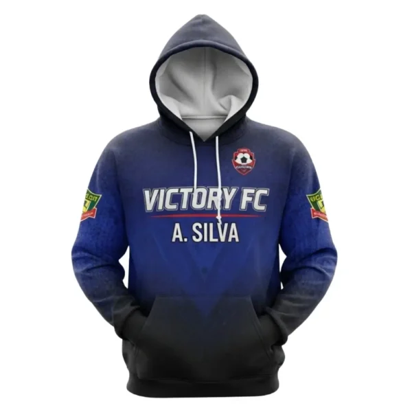 Front view of a blue and black custom soccer hoodie for the "Victory FC" team, with the name "A. SILVA" and the team logo.