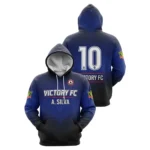 A product image of a custom-designed Victory FC soccer hoodie, shown from the front with "A. SILVA" and the back with the number 10.