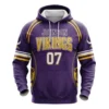 Front view of a purple and yellow Vikings flag football hoodie with "VIKINGS" text, the name "JOHNSON", and the number 07.