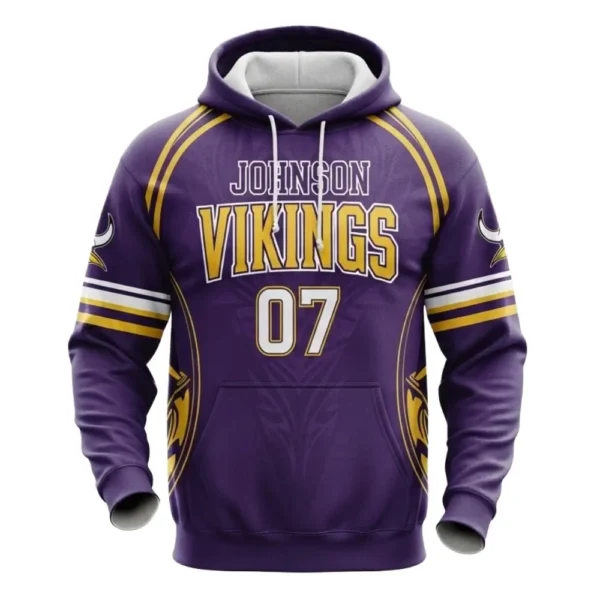 Front view of a purple and yellow Vikings flag football hoodie with "VIKINGS" text, the name "JOHNSON", and the number 07.