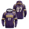 A customizable Vikings flag football hoodie, shown from the front and back, with a purple and yellow design and the number 07.