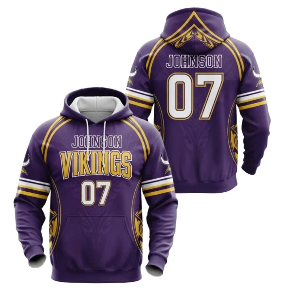 A customizable Vikings flag football hoodie, shown from the front and back, with a purple and yellow design and the number 07.