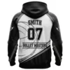 Back view of a black and white Volley Masters hoodie, featuring a large number 07 and the name "SMITH" on the back.