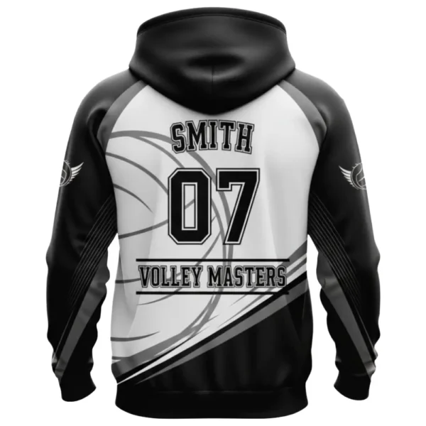 Back view of a black and white Volley Masters hoodie, featuring a large number 07 and the name "SMITH" on the back.