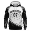 Front view of a Volley Masters volleyball hoodie with a split black and white design and the number 07 over a volleyball graphic.