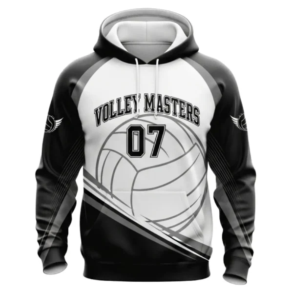 Front view of a Volley Masters volleyball hoodie with a split black and white design and the number 07 over a volleyball graphic.