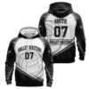 A product image of a custom Volley Masters volleyball hoodie, showcasing both the front and back with the black and white design and the number 07.