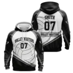 A product image of a custom Volley Masters volleyball hoodie, showcasing both the front and back with the black and white design and the number 07.