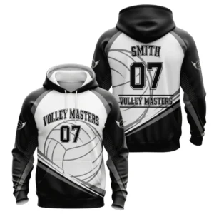 A product image of a custom Volley Masters volleyball hoodie, showcasing both the front and back with the black and white design and the number 07.