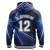 Back view of a dark blue Volley Rays hoodie, featuring a large number 12 and the name "M. REYNOLDS" on a starburst pattern.