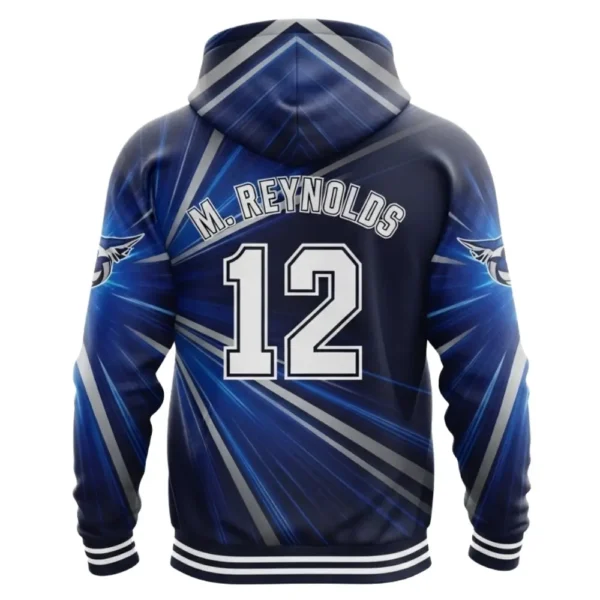Back view of a dark blue Volley Rays hoodie, featuring a large number 12 and the name "M. REYNOLDS" on a starburst pattern.