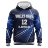 Front view of a dark blue custom volleyball hoodie for the Volley Rays, with a dynamic blue and white ray pattern and the number 12.