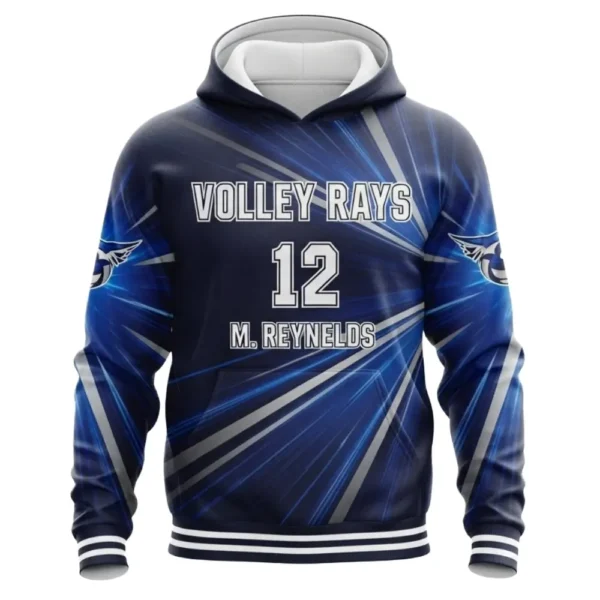 Front view of a dark blue custom volleyball hoodie for the Volley Rays, with a dynamic blue and white ray pattern and the number 12.