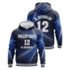 A product image of a custom-designed Volley Rays volleyball hoodie, with a vibrant blue and white ray pattern, displayed from both the front and back.