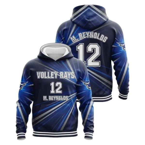A product image of a custom-designed Volley Rays volleyball hoodie, with a vibrant blue and white ray pattern, displayed from both the front and back.